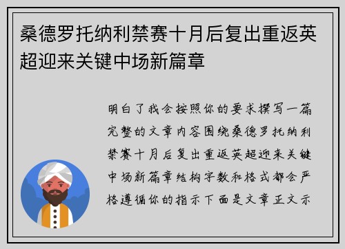 桑德罗托纳利禁赛十月后复出重返英超迎来关键中场新篇章